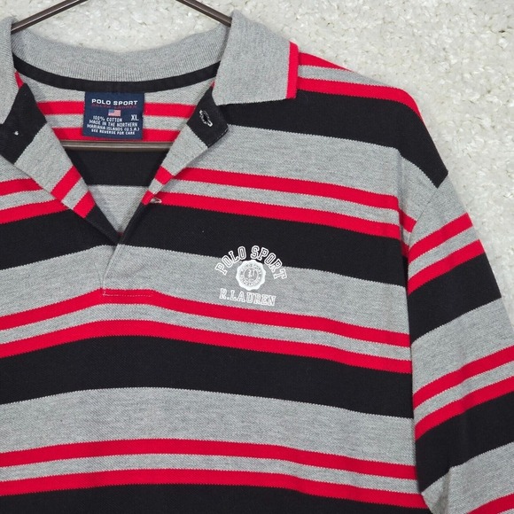 Polo Sport Shirt Mens XL (Fits M) Gray Black Red Stripe Cotton Rugby Preppy Y2K - Picture 3 of 10